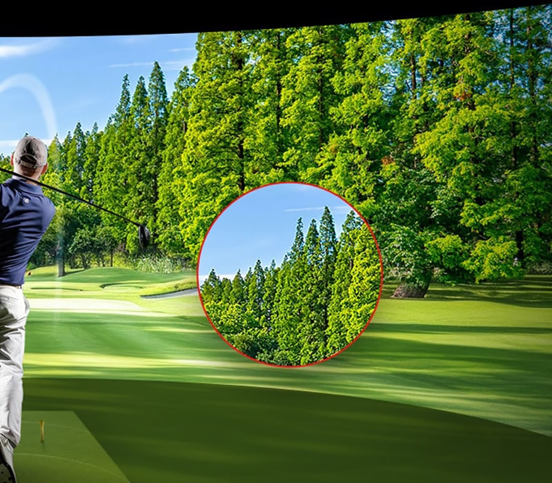 A vivid golf course scene with a zoomed-in section of trees, showing sharp details and bright greens, demonstrating LG ProBeam’s 4K clarity.	