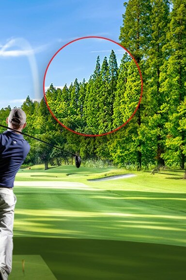 A vivid golf course scene with a zoomed-in section of trees, showing sharp details and bright greens, demonstrating LG ProBeam’s 4K clarity.	