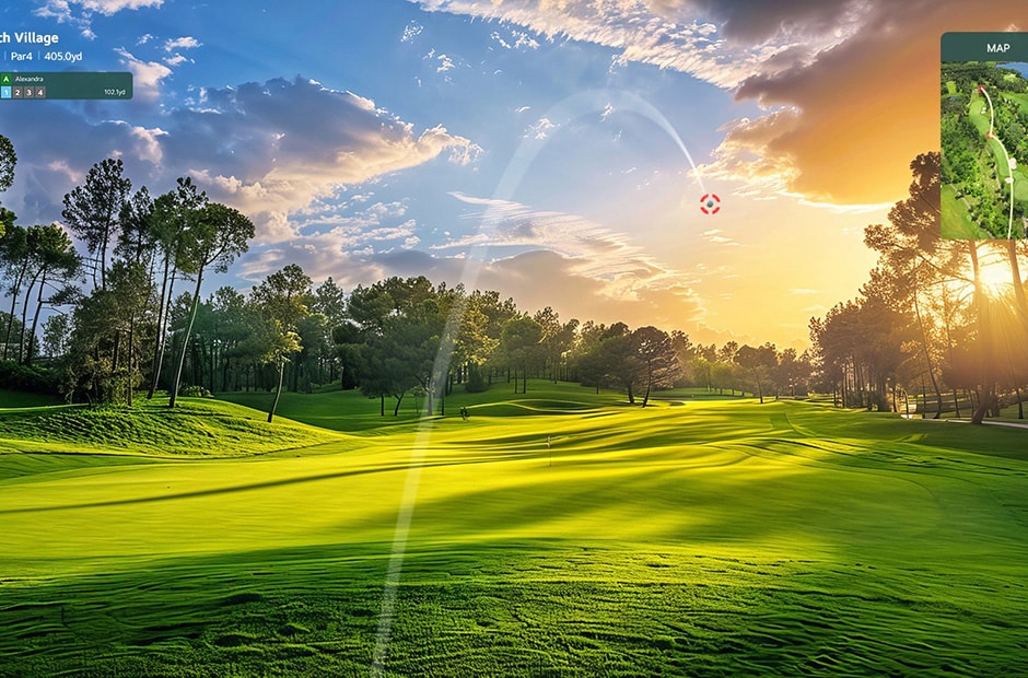 A virtual golf ball is in mid-flight with a stunning sunset on a green golf course and an overhead course map displayed.	