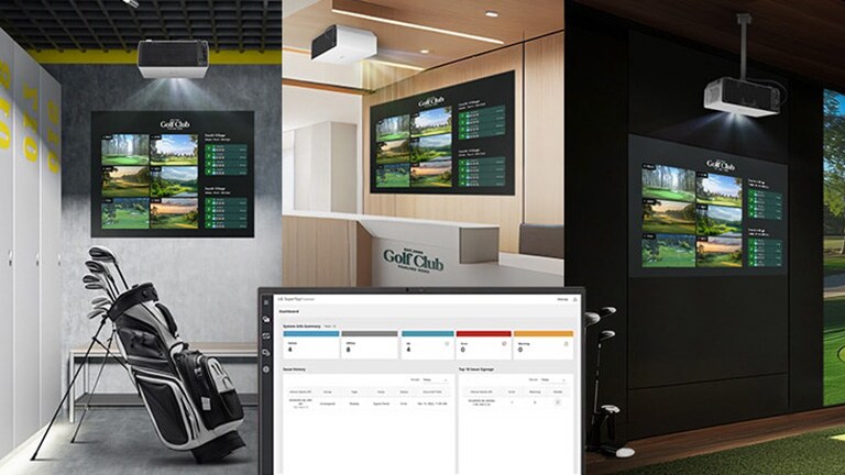 It shows the same screen in three different indoor golf spaces.	