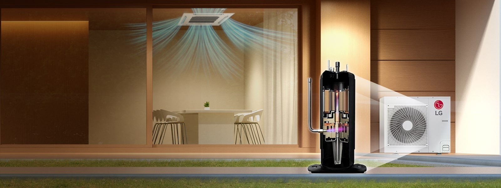 LG HVAC system with an exposed compressor outside a modern home, showing efficient indoor cooling.