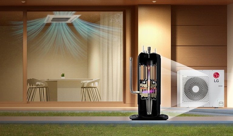 LG HVAC system with an exposed compressor outside a modern home, showing efficient indoor cooling.