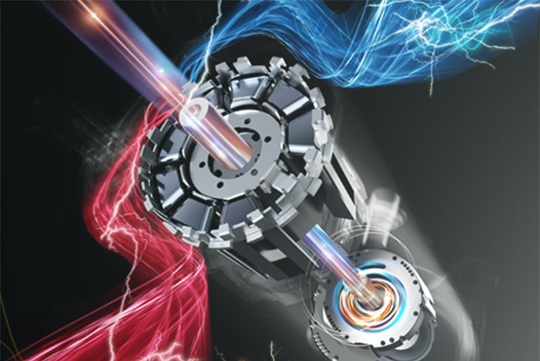 Visuals of an LG Inverter Compressor showing internal components, energy flow, and electric currents.