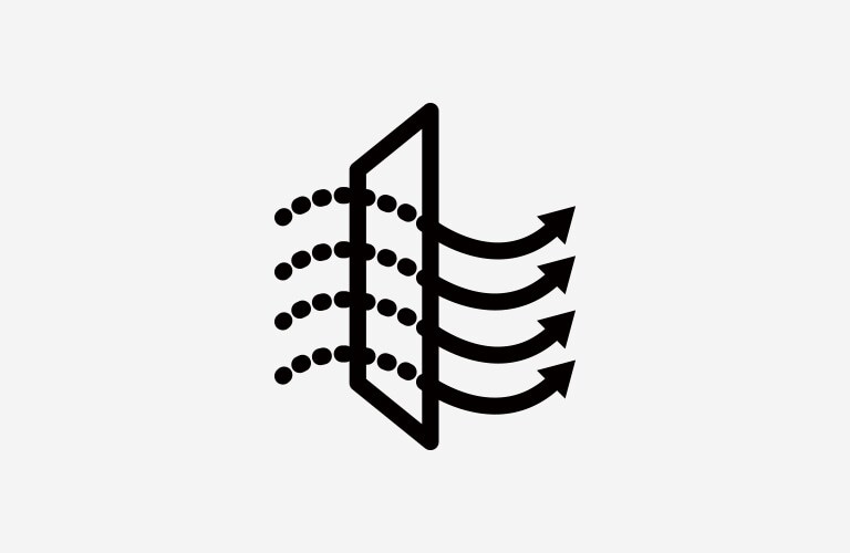 Icon of airflow through horizontal lines resembling a filter.