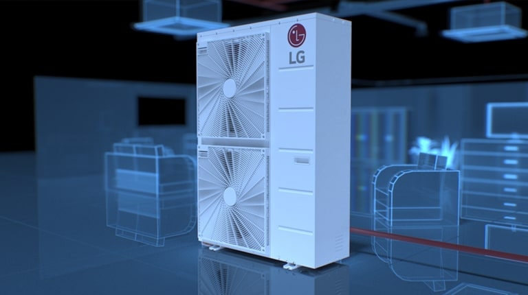 LG HVAC unit with two large fans and the LG logo, set in a digital, wireframe-like office environment.