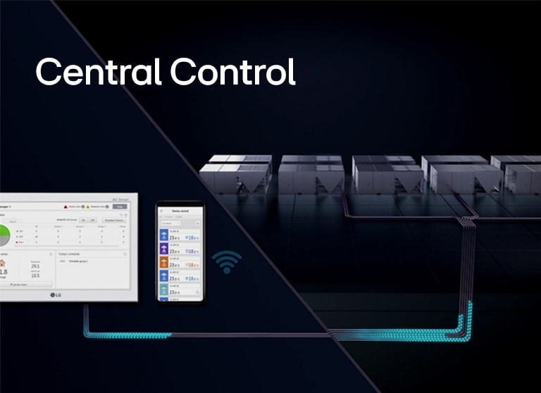 LG Central Control interface on a computer and smartphone, connected by blue lines to multiple HVAC units.