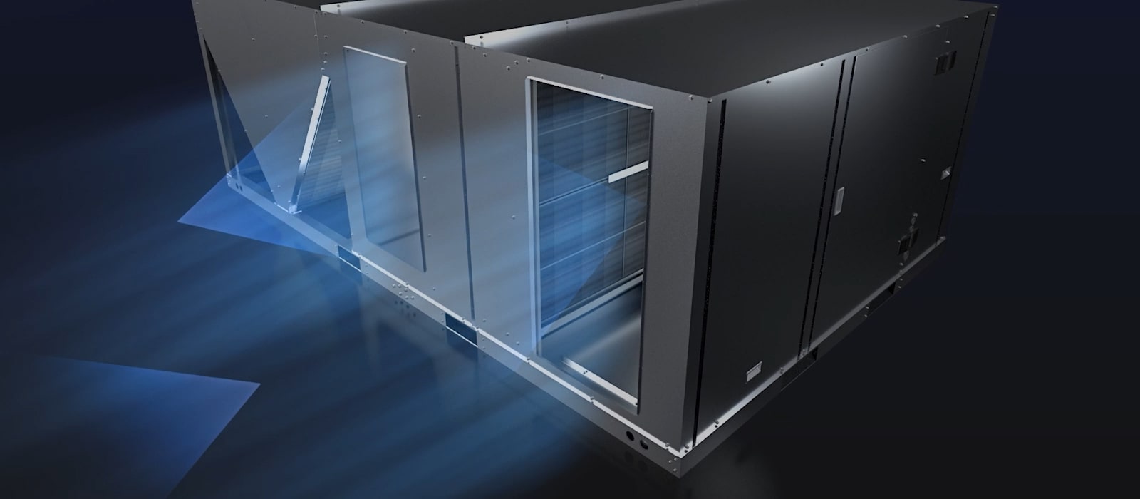 The Inverter Single Package with its front panel open. Blue arrows point in various directions to show airflow.