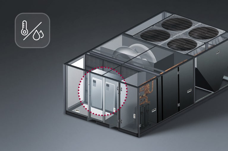 Cutaway of a Single Packaged unit with a highlighted dual sensor. A thermometer and water drop icon are visible.