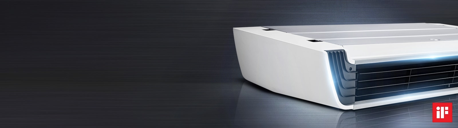 Front-side view of an LG Ceiling Suspended air conditioner, with its black duct area glistening.