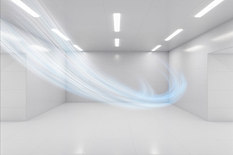 A light blue airflow travels across the room, gliding over the white tiles and illuminating the ceiling with vibrant lights.