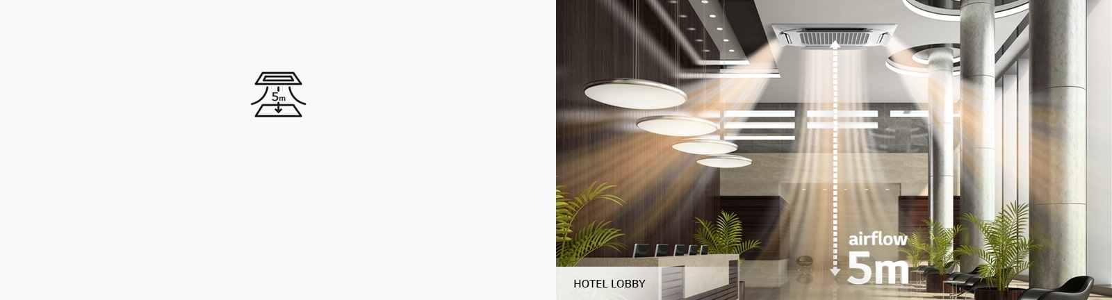 LG HVAC dual vane cassette AC unit in a hotel lobby, distributing airflow up to 5 meters. The lobby features modern decor with columns, pendant lights, and green plants.