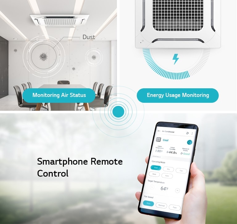 LG HVAC dual vane cassette AC unit with features like air status monitoring, smartphone remote control, and energy usage monitoring for efficient management.