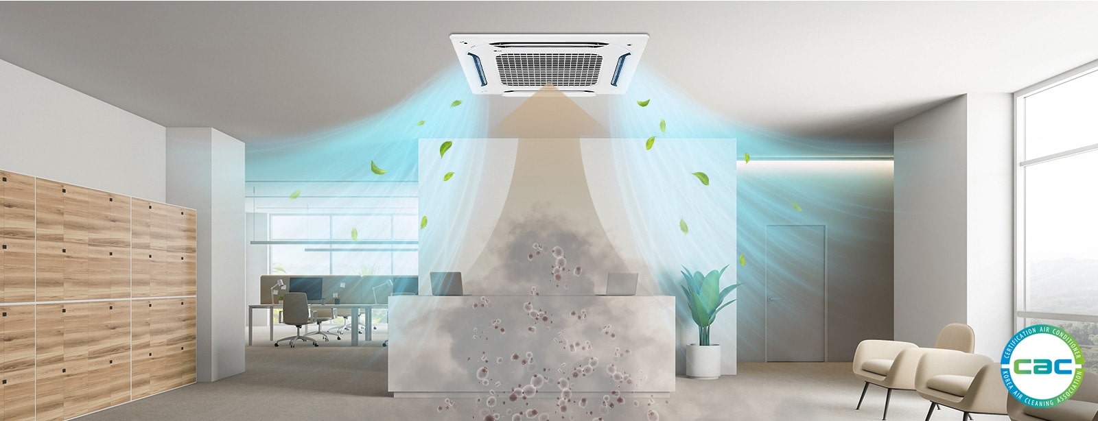 LG HVAC single split dual vane cassette AC unit in office, purifying air by removing dust and pollutants. Clean air is depicted with green leaves.