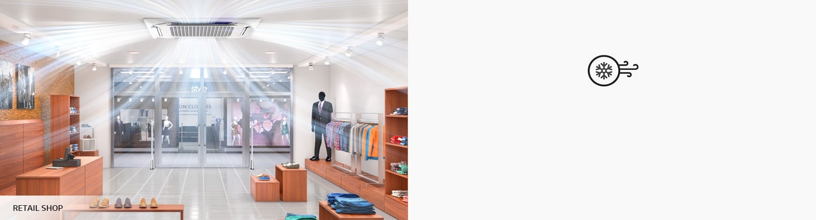 A retail clothing shop, featuring mannequins and wooden shelving, is illuminated by bright, cool lighting from an LG HVAC Dual Vane system's 'Power mode'.