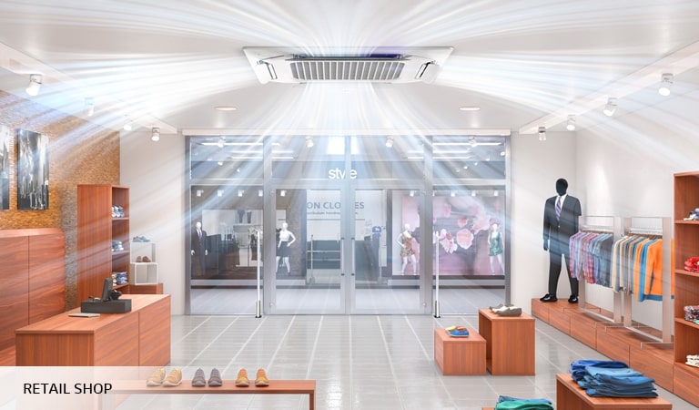 A retail clothing shop, featuring mannequins and wooden shelving, is illuminated by bright, cool lighting from an LG HVAC Dual Vane system's 'Power mode'.