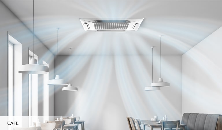 LG HVCAC dual vane cassette AC unit in a cafe, distributing air evenly throughout the space. The cafe features modern decor with pendant lights and cozy seating.
