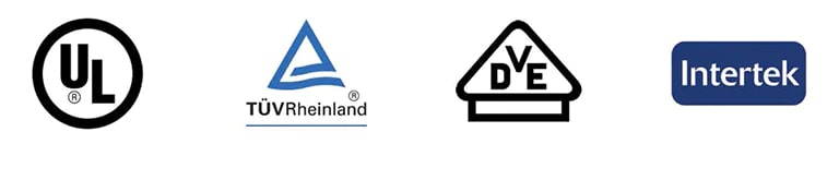 There are four certification logos-UL, TUV Rheineland, DVE and Intertek.