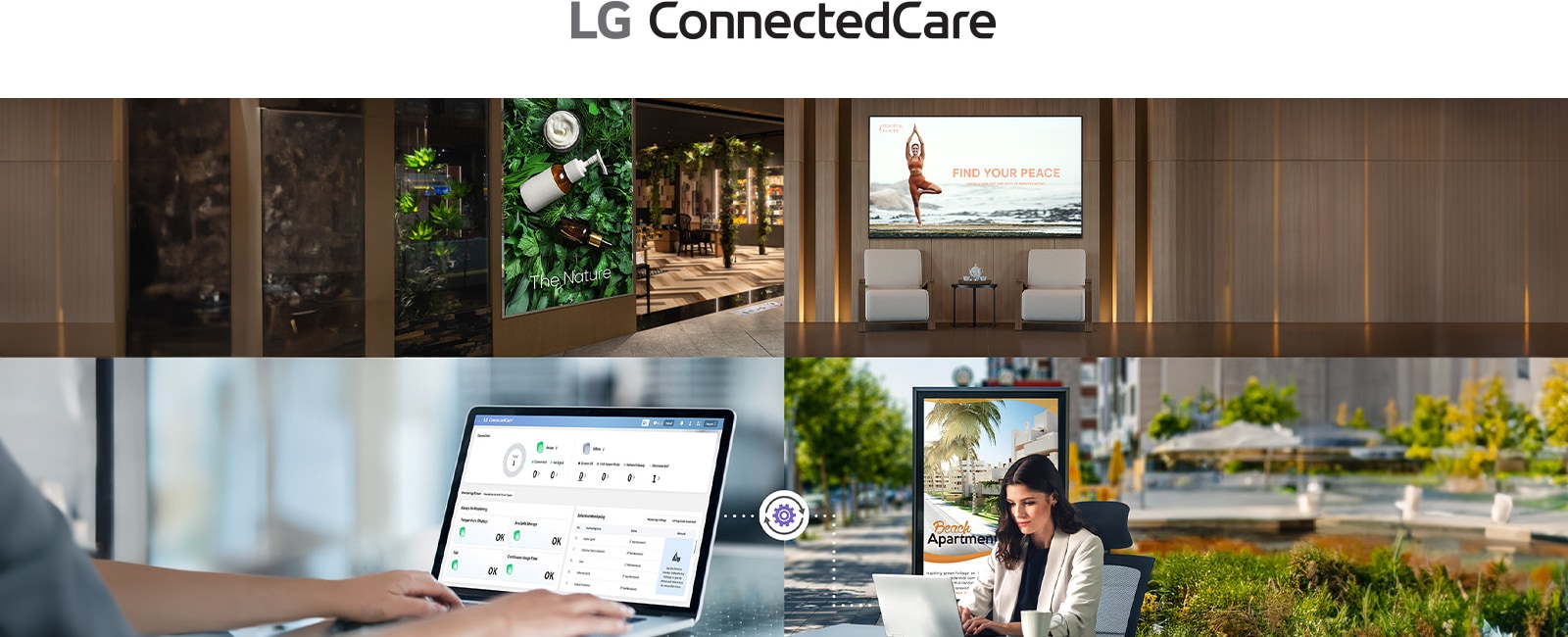 This is an example image featuring an administrator monitoring and managing indoor and outdoor digital signage using the LG ConnectedCare solution.