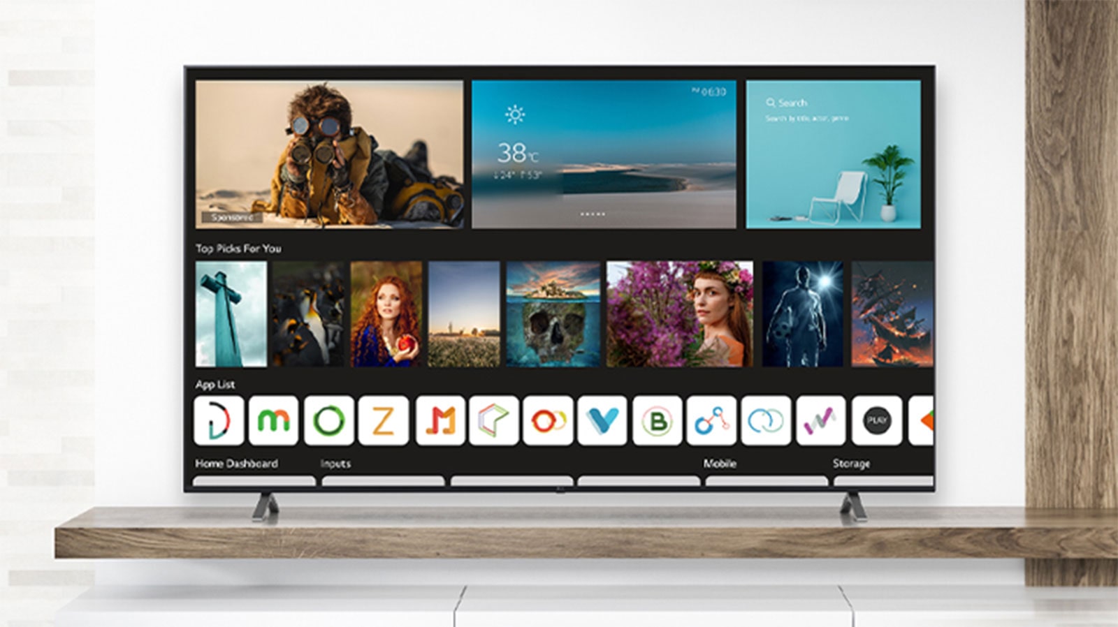 The TV is displaying a home screen with various content.