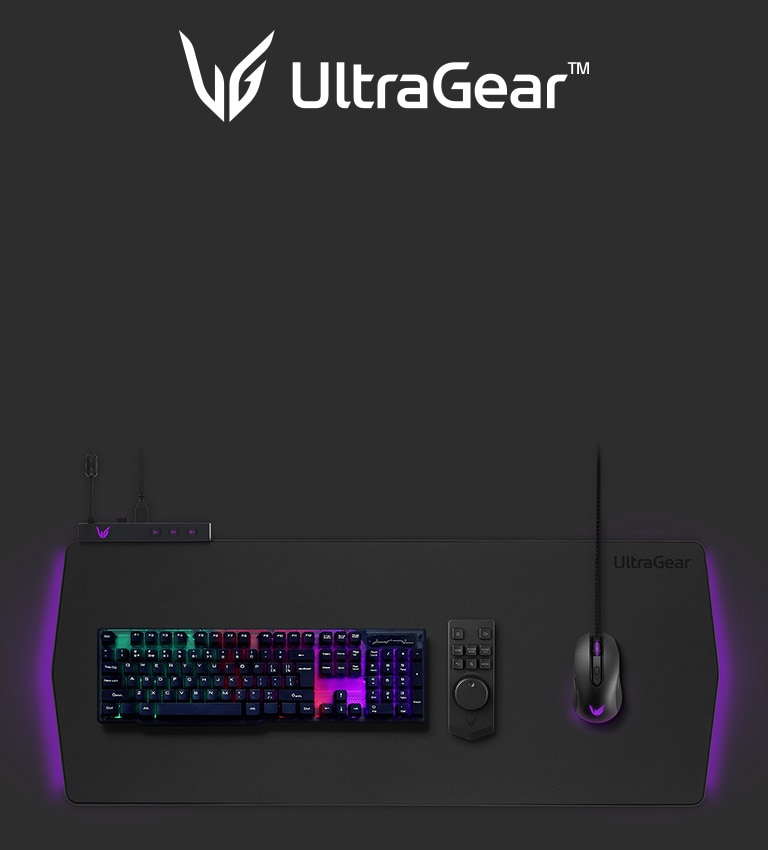 UGP90HB-B-Keyboard, mouse and remote control on top of UltraGear ™ Gaming pad.