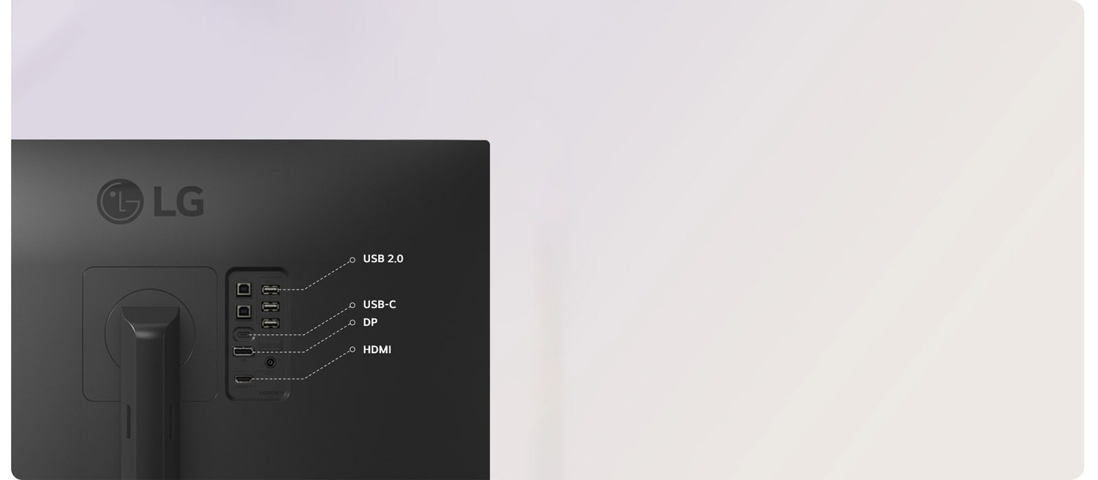 Back of LG monitor showing USB 2.0, USB-C, DP, and HDMI ports for flexible connectivity.