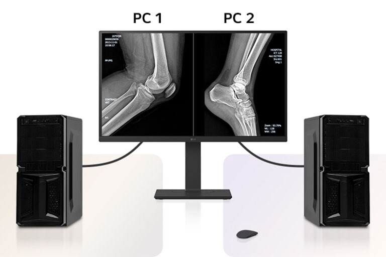 An image showing two PCs connected to a single monitor using Dual Controller and KVM Switch for seamless multitasking.