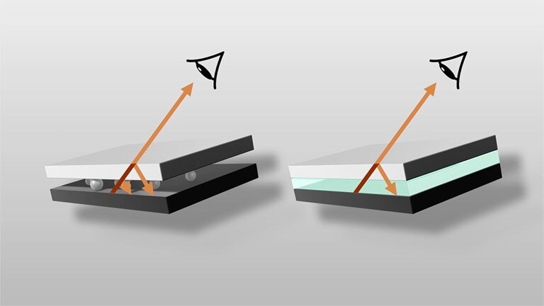 The video compares a surgical display with and without optical bonding. The right, with optical bonding, is brighter and clearer than the left.