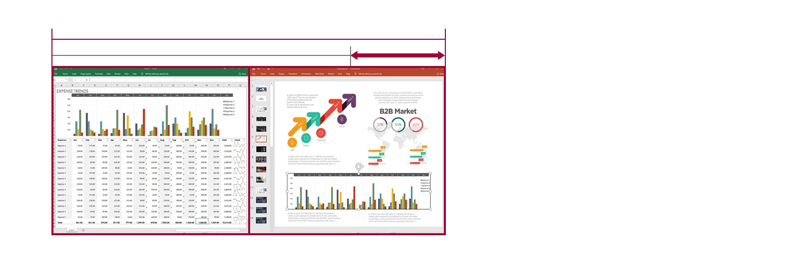 Image of displaying datasheets and slides side by side on the screen of 21:9 UltraWide screen, while 16:9 screen does not allow it due to insufficient space.