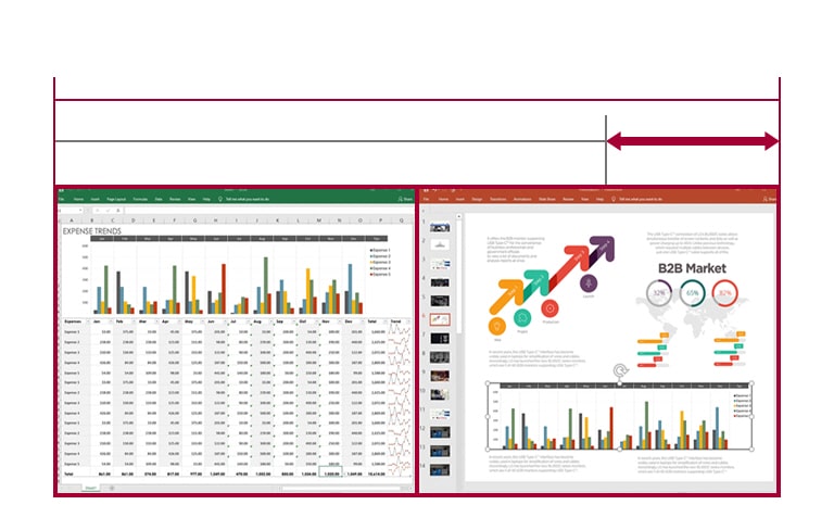 Image of displaying datasheets and slides side by side on the screen of 21:9 UltraWide screen, while 16:9 screen does not allow it due to insufficient space.
