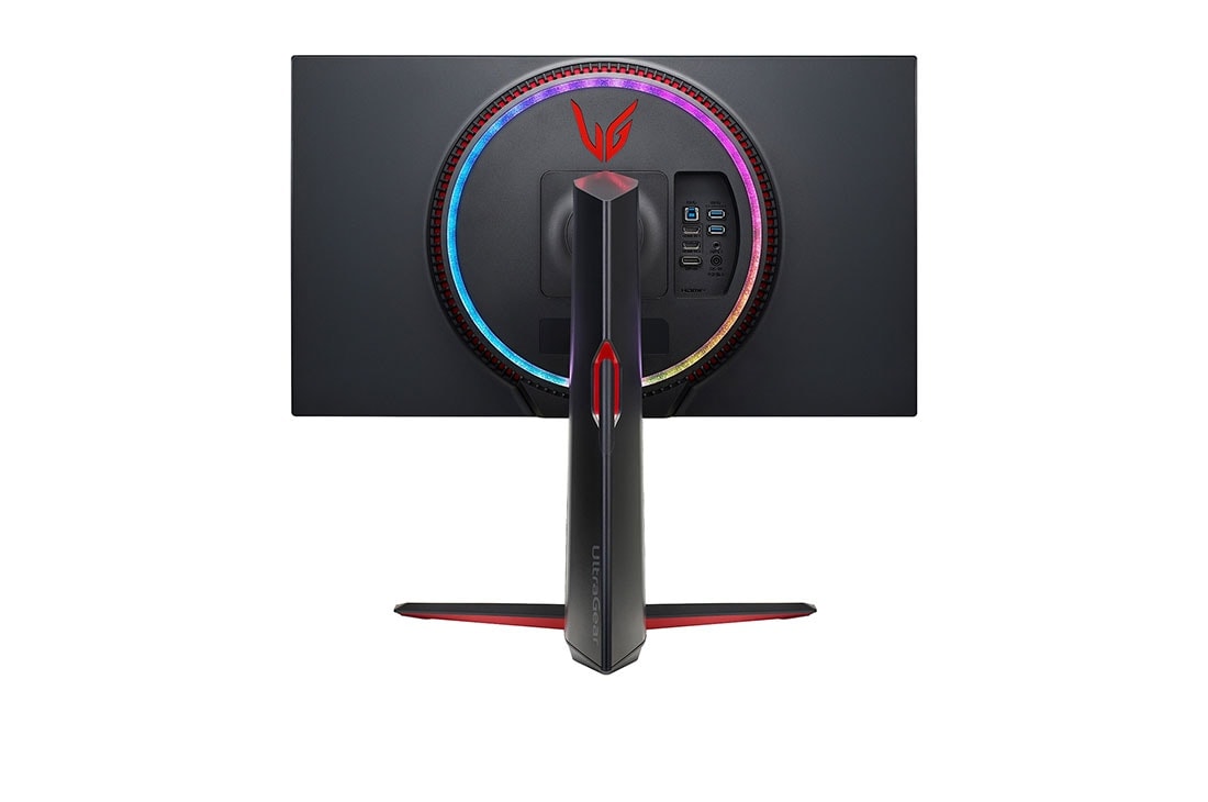 LG Gaming Monitor 27 Inch UltraGear UHD Nano IPS 1ms 144Hz HDR600 Monitor With G-Sync Compatibility, rear view with multi colored lights on, 27GP950-B, thumbnail 7