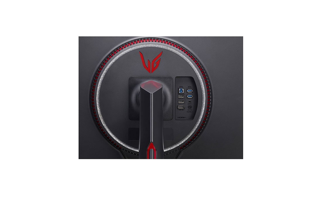 LG Gaming Monitor 27 Inch UltraGear UHD Nano IPS 1ms 144Hz HDR600 Monitor With G-Sync Compatibility, close-up view of ports with white colored lights on, 27GP950-B, thumbnail 10