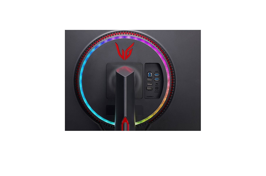 LG Gaming Monitor 27 Inch UltraGear UHD Nano IPS 1ms 144Hz HDR600 Monitor With G-Sync Compatibility, close-up view of ports with multi colored lights on, 27GP950-B, thumbnail 11