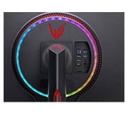 LG Gaming Monitor 27 Inch UltraGear UHD Nano IPS 1ms 144Hz HDR600 Monitor With G-Sync Compatibility, close-up view of ports with multi colored lights on, 27GP950-B, thumbnail 11