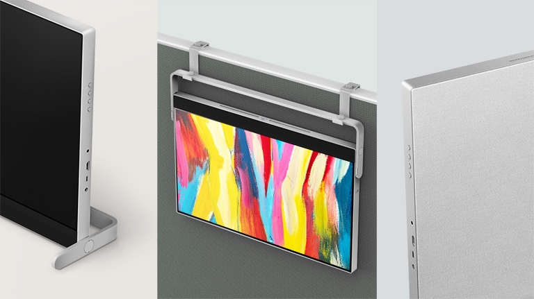 The metal stand with its fabric pattern back cover blends well into your office or home environment. Plus, its 3-side virtually borderless design suits even small spaces, and the option to hang a partition makes it more versatile.