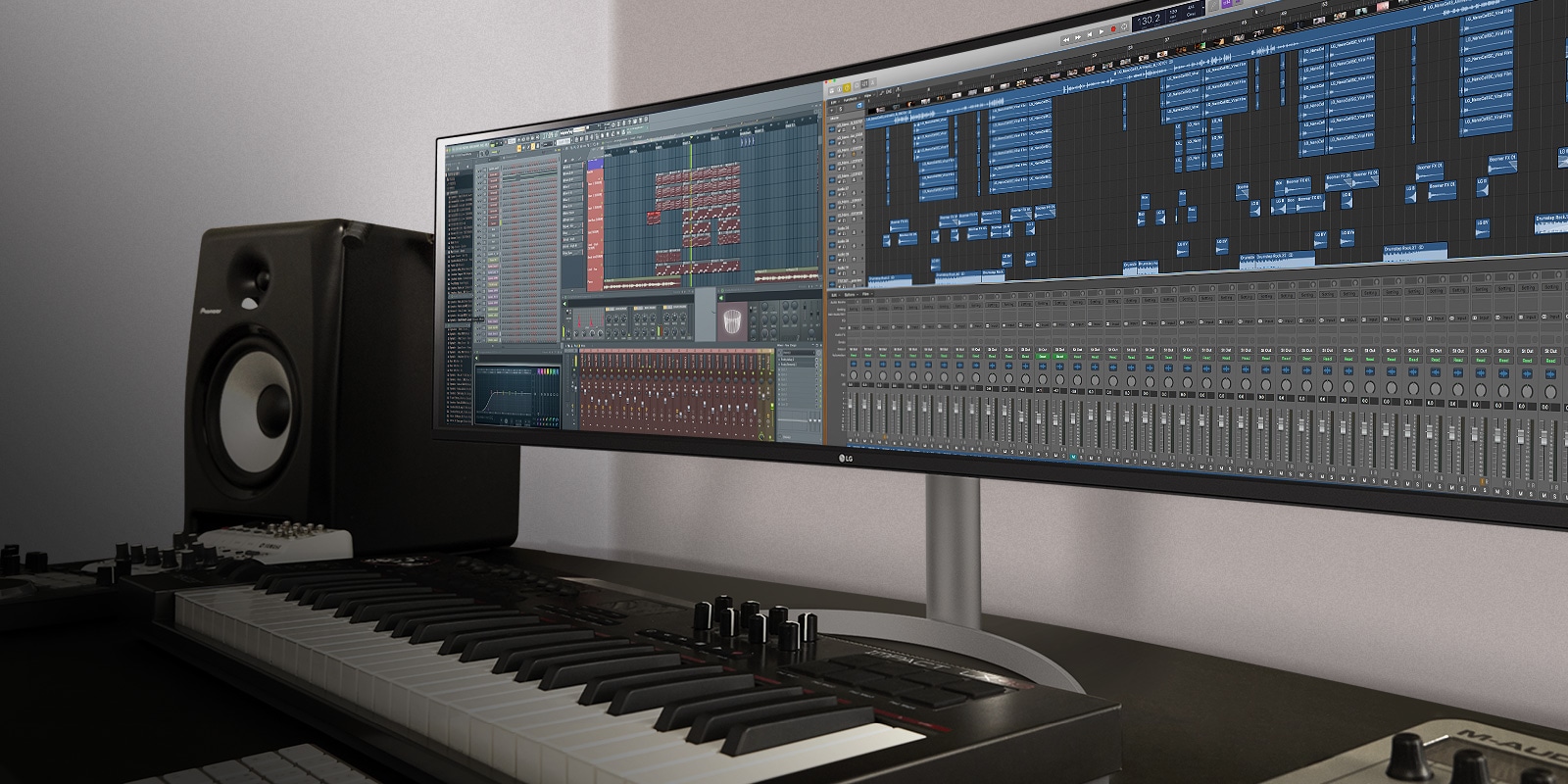 It shows the 49WQ95C that displays tools for sound work with the entire timeline on a single screen.