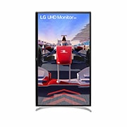 LG 2023 LG 32inch UHD 4K HDR Monitor, 144Hz, front view with the display pivoting 90 degrees in a portrait view, 32UQ750P-W, thumbnail 10
