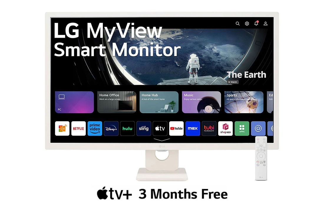 LG 2023 LG Smart Monitor - 31.5 inch, Full HD IPS Display, front view with remote control, 32SR50F-W