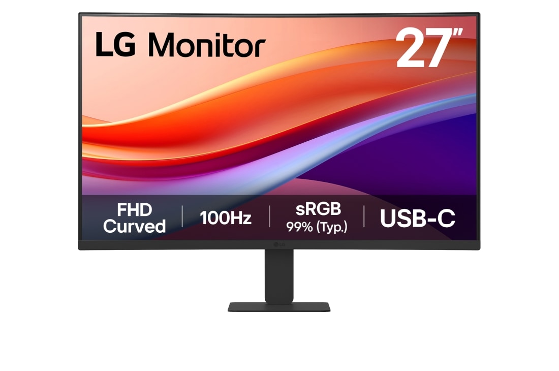 LG 27-inch FHD curved monitor with 100Hz refresh rate and USB-C port, front view, 27U421A-B