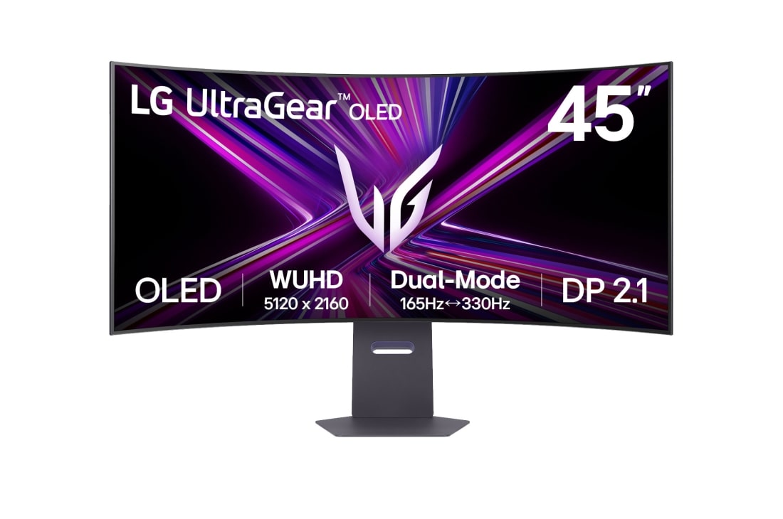 LG UltraGear™ 45-inch OLED Dual-Mode 5K2K Gaming Monitor | 0.03ms (GtG), Rich Bass (10Wx2), DisplayHDR True Black 400, DP 2.1 & USB-C, front view, 45GX950A-B