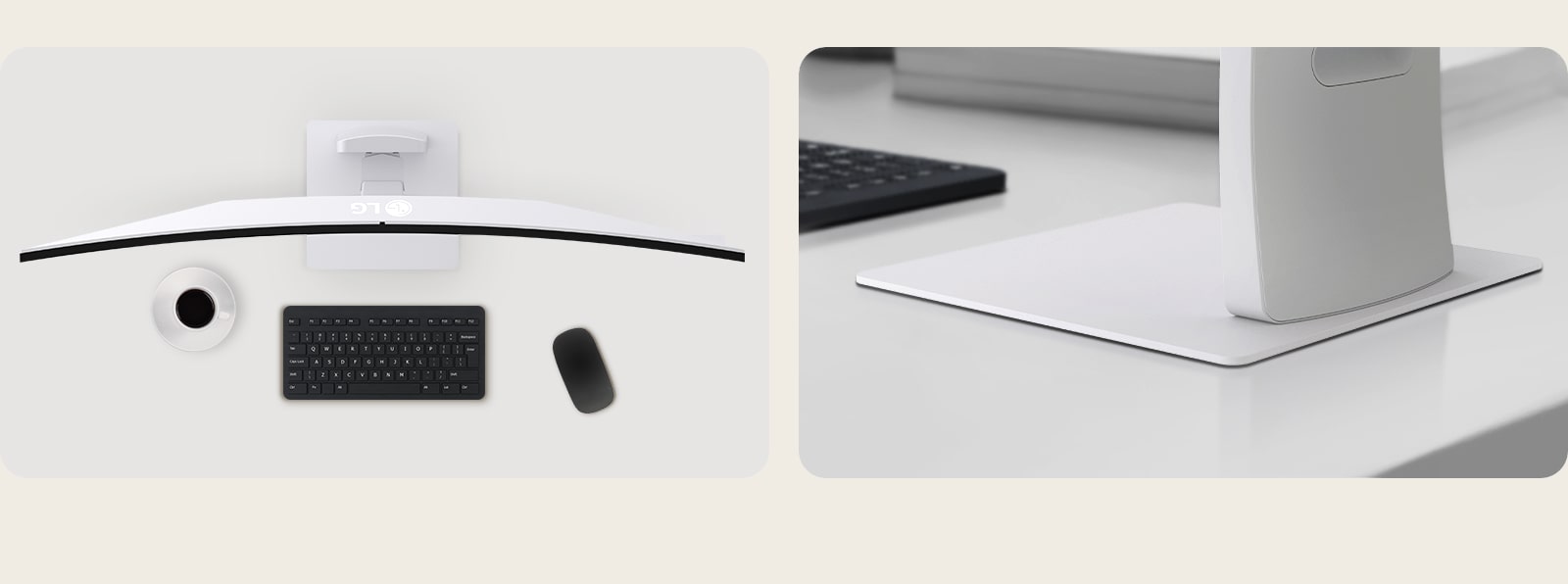 Split view showing the LG UltraWide monitor from a top-down angle with a curved display and minimal desk setup, alongside a close-up of the flat stand base for stable support.	