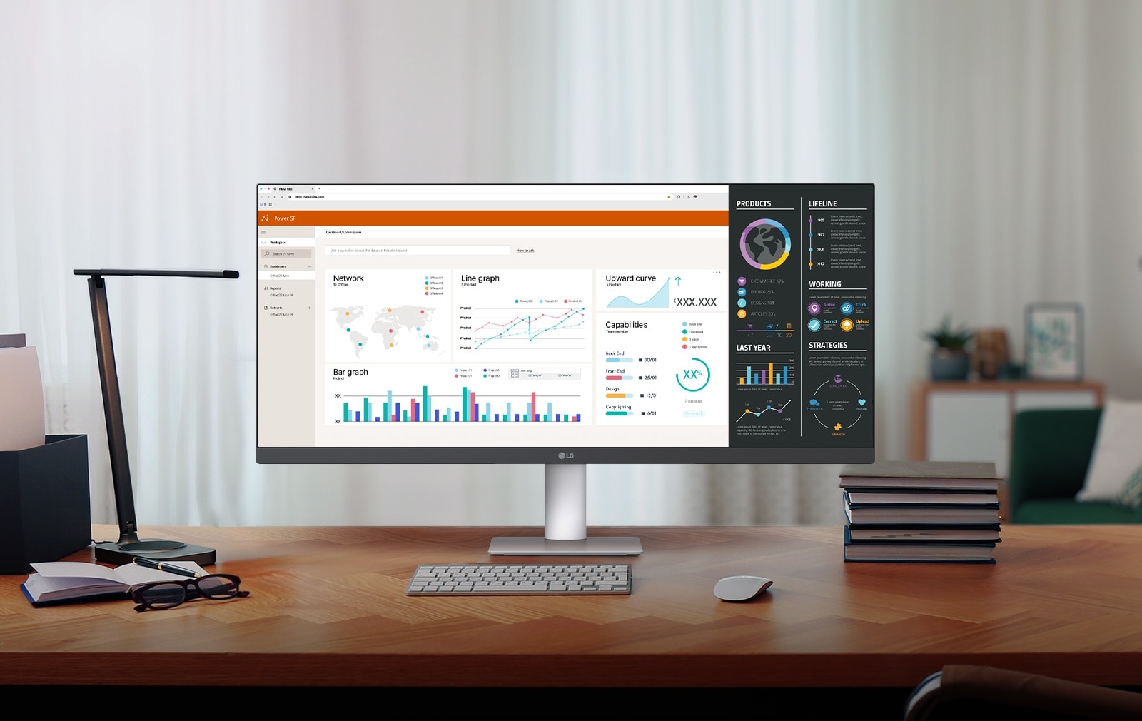 A modern home office setup featuring a large ultra-wide LG monitor displaying data dashboards and graphs, with a wireless keyboard and mouse on a wooden desk.	