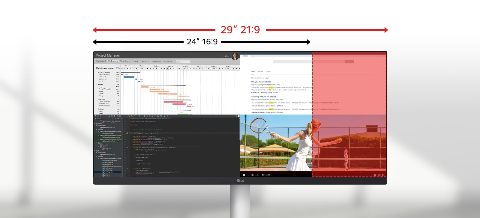 Ultra-wide 29-inch LG monitor illustrating the difference between 21:9 and 16:9 aspect ratios, with multiple applications displayed side by side for multitasking.	