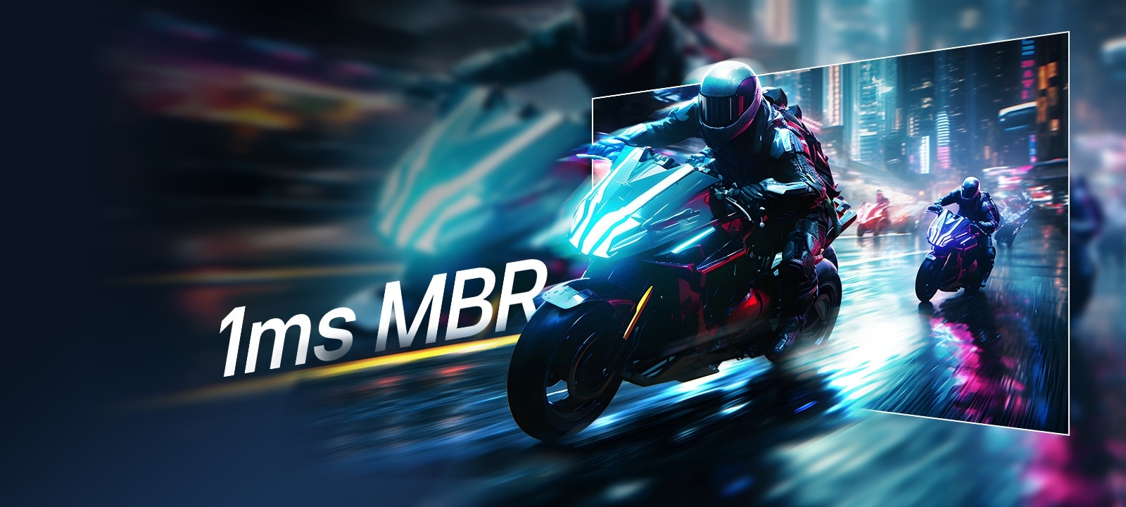 Futuristic motorcyclists racing through a neon-lit city street, with motion blur effect in the background and a highlighted section showing sharp, clear visuals to demonstrate 1ms Motion Blur Reduction (MBR).	