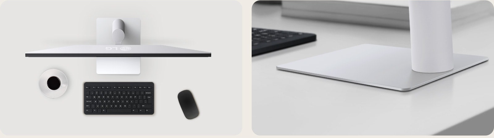 Top and angled views of an monitor setup on a clean desk, featuring a coffee cup, wireless keyboard, mouse, and a sleek, low-profile stand that ensures stability and saves space.	