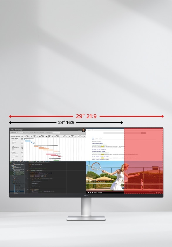 Ultra-wide 29-inch LG monitor illustrating the difference between 21:9 and 16:9 aspect ratios, with multiple applications displayed side by side for multitasking.	