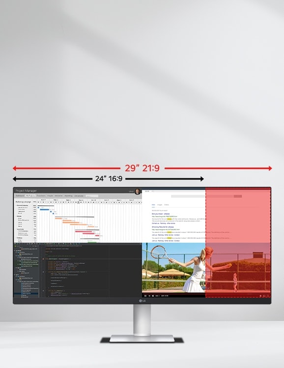 Ultra-wide 29-inch LG monitor illustrating the difference between 21:9 and 16:9 aspect ratios, with multiple applications displayed side by side for multitasking.	