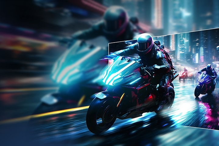 A futuristic motorcyclist racing through a neon-lit cityscape, with a highlighted section showing a clearer, sharper view to demonstrate motion clarity.	