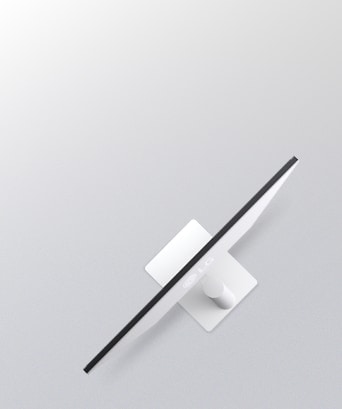 Side view of a white monitor illustrating tilt adjustment with overlapping outlines showing its ergonomic movement range.	