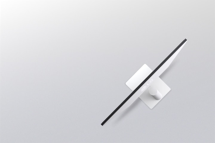 Side view of a white monitor illustrating tilt adjustment with overlapping outlines showing its ergonomic movement range.	