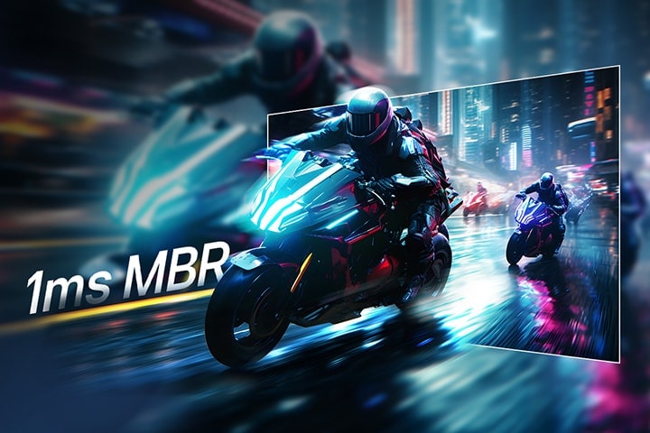 Futuristic motorcyclists racing through a neon-lit city street, with motion blur effect in the background and a highlighted section showing sharp, clear visuals to demonstrate 1ms Motion Blur Reduction (MBR).	